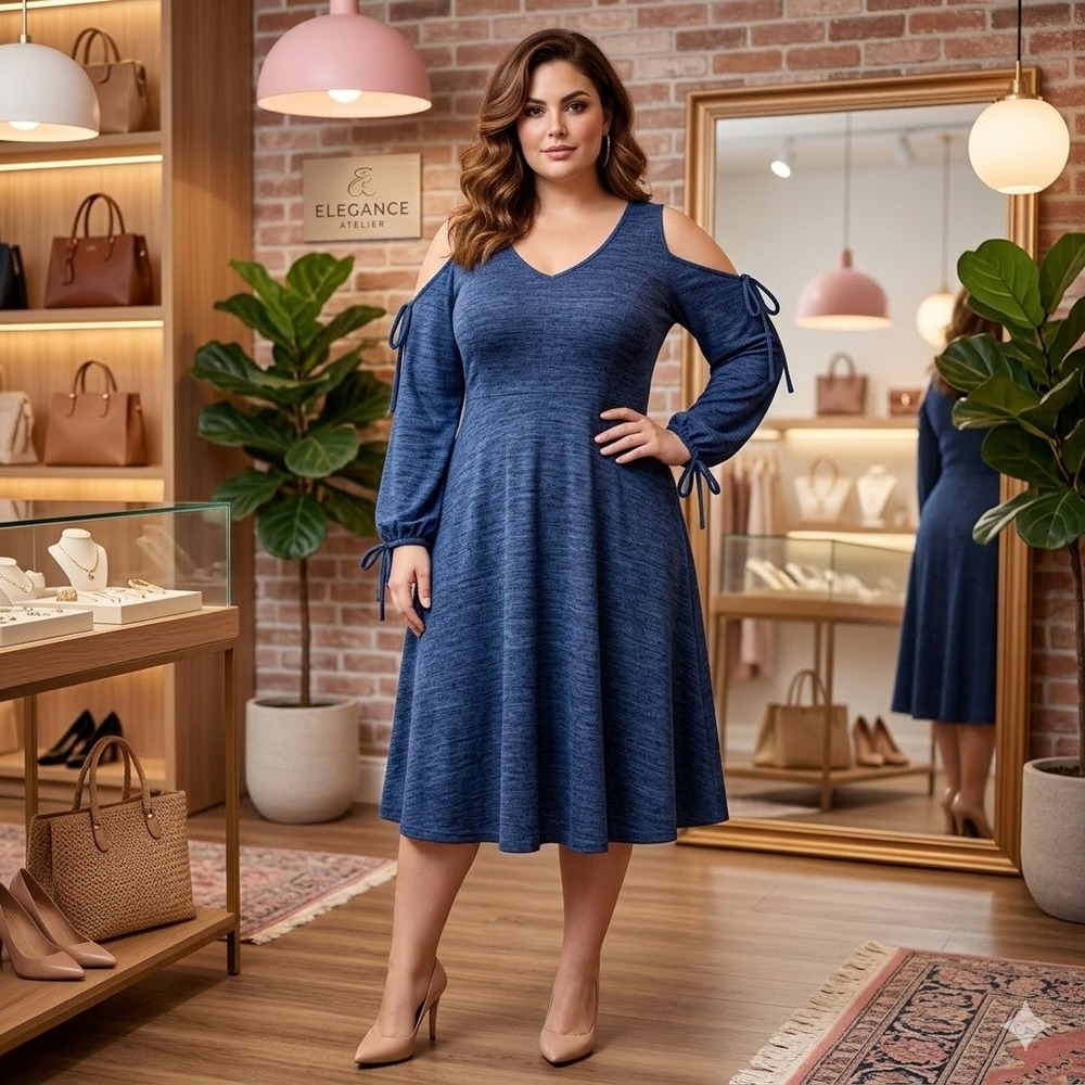 Torrid 1 Navy Blue Soft Cold Shoulder Tie Sleeves Fit Flare Midi Dress 1X